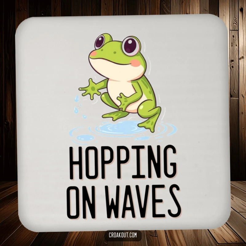 Funny Frog Coaster: A coaster showcasing a frog in action, leaping over water droplets, providing surface protection with a touch of humor.