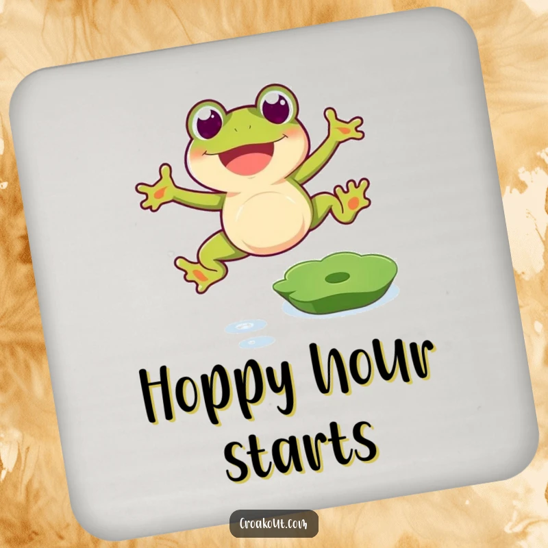 Funny frog coasters showing a happy amphibian leaping over a lily pad, protecting surfaces with humor, a funny gift.