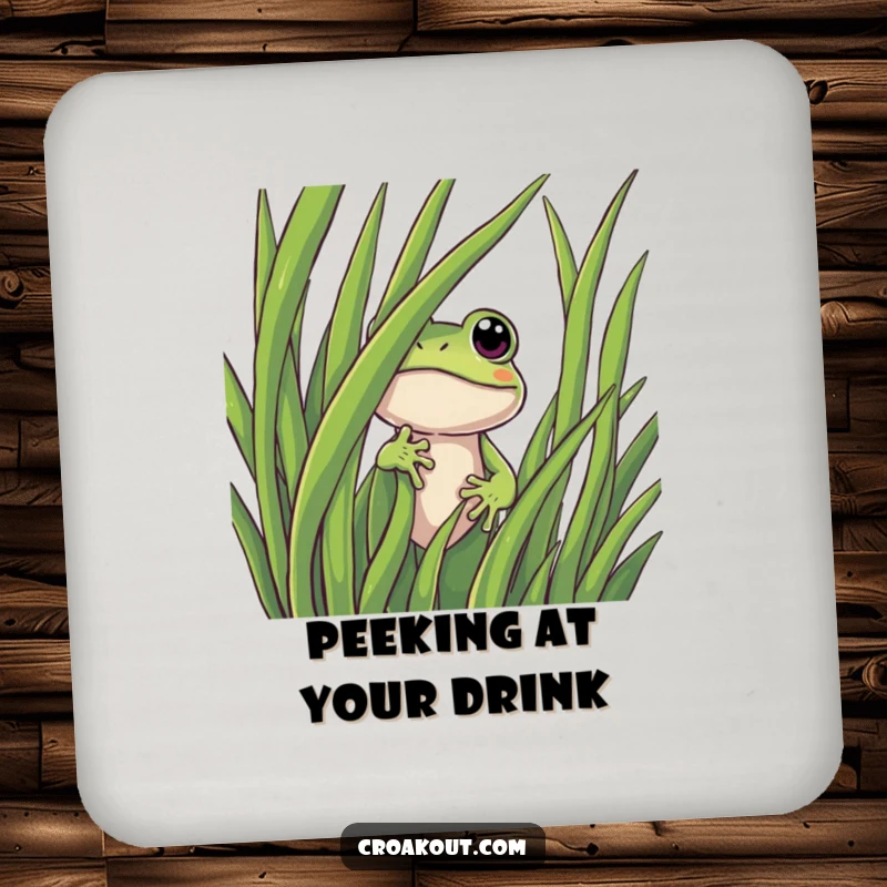 Funny frog coaster displaying a curious character peeking from grass, adding a protective and humorous element to any table setting.