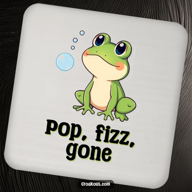 Funny drink coaster showing a frog character shocked by a popping bubble, protecting surfaces with humorous surprise.