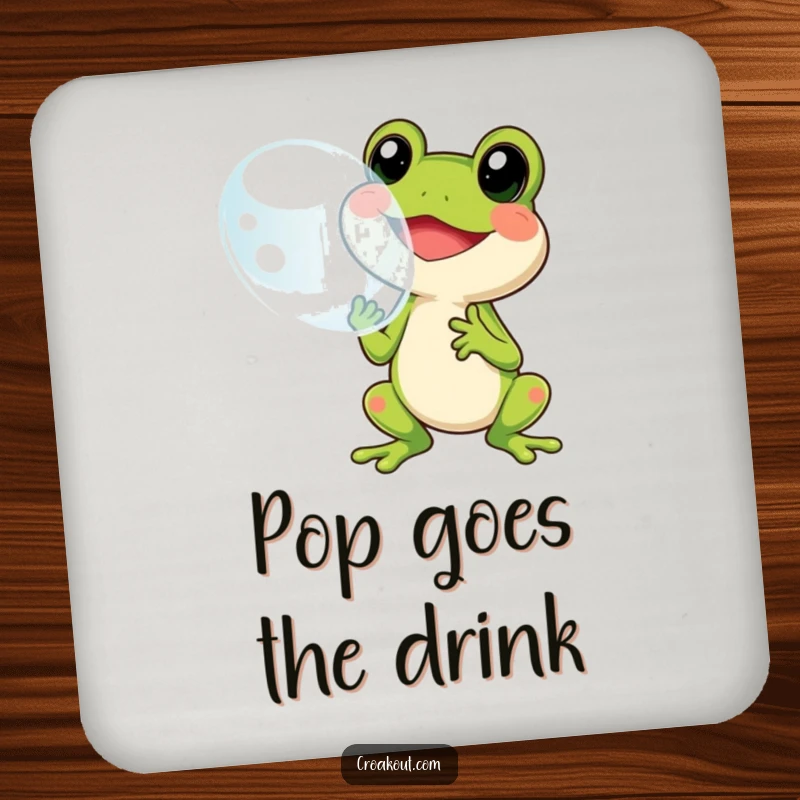 Funny frog bubble coaster featuring a cheerful character blowing a large bubble, perfect for protecting surfaces with playful humor.