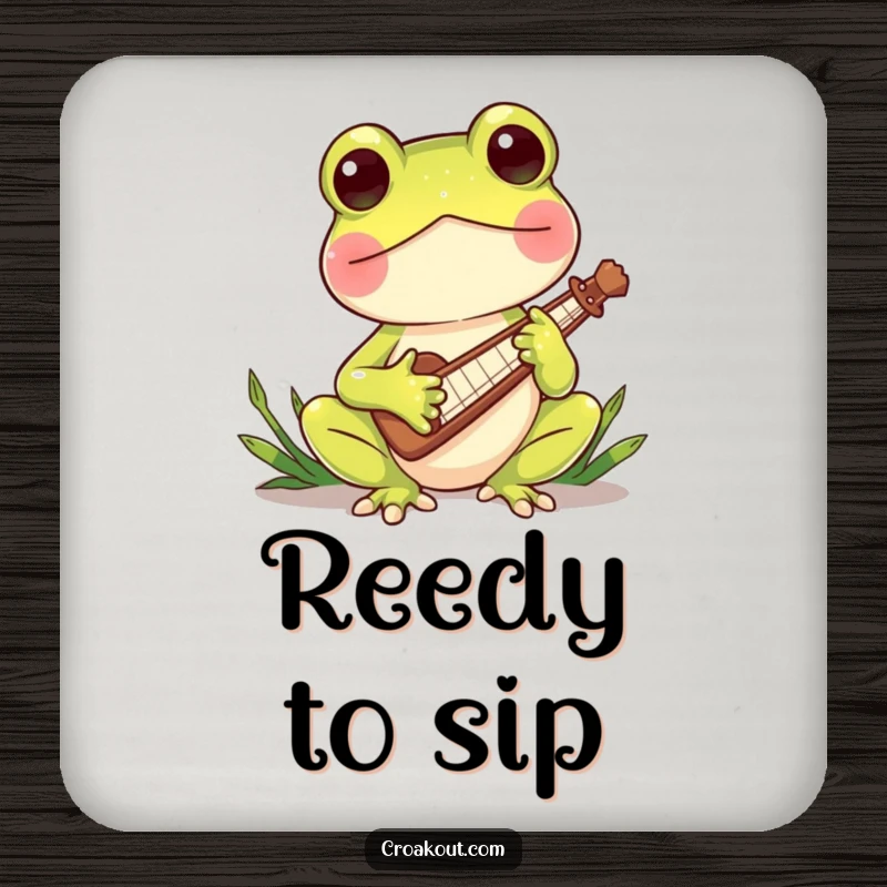 Funny drink coaster featuring a charming frog character playing a miniature reed instrument, bringing a touch of musical charm and humor to any surface.