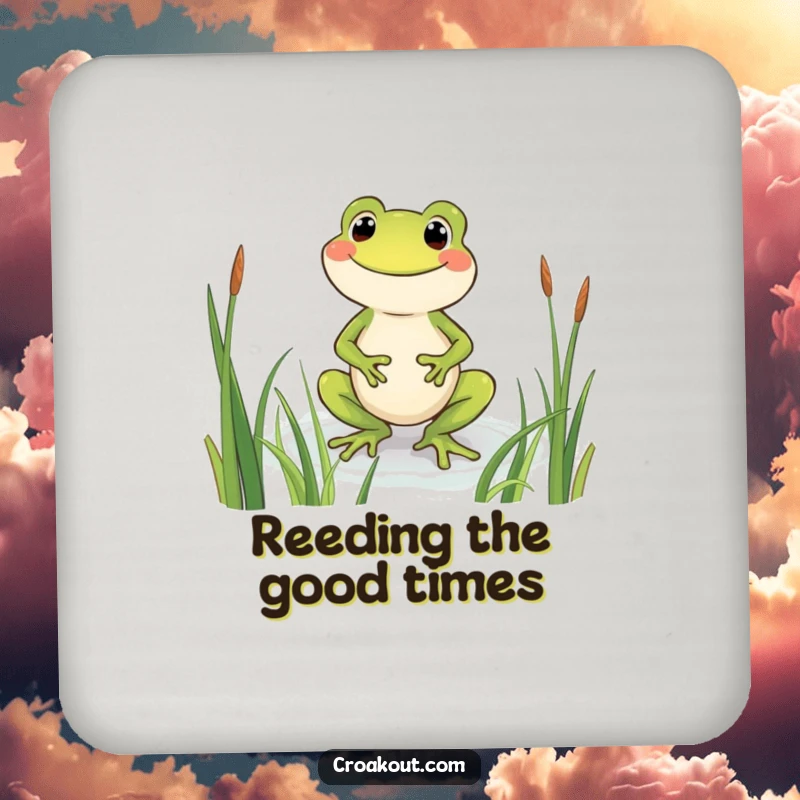 Funny frog coaster displaying a beaming character wading through reeds, offering surface protection with a side of pure, happy humor.