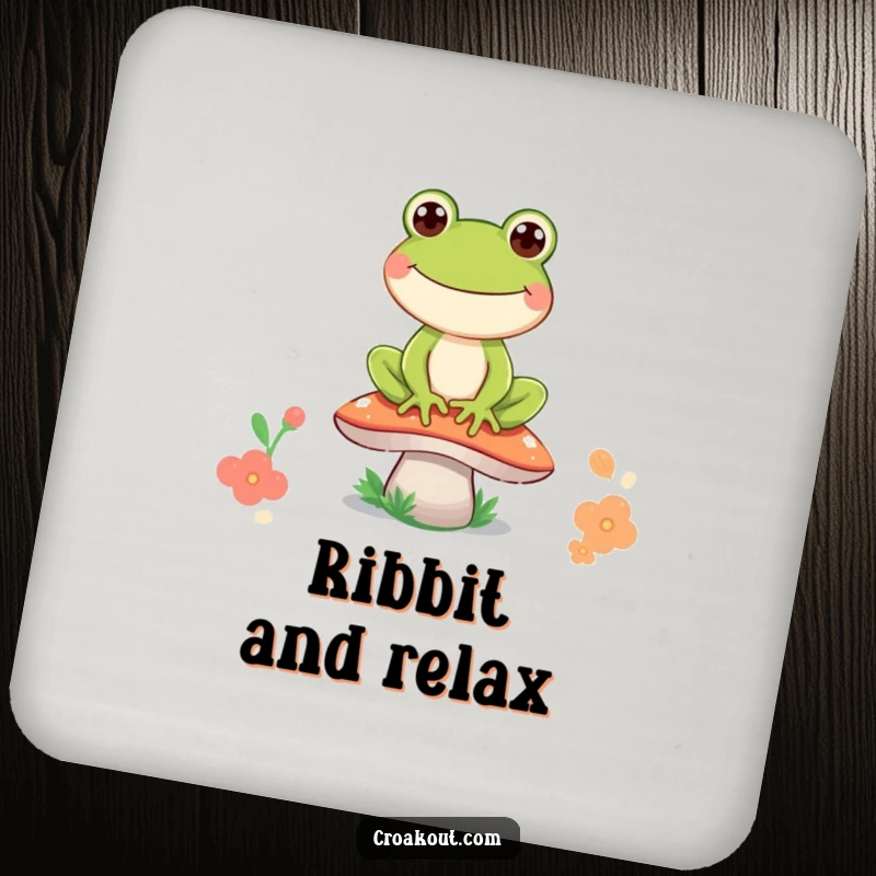 Funny frog drink coaster featuring a happy frog character on a mushroom, protecting surfaces with a cheerful, cartoonish grin.