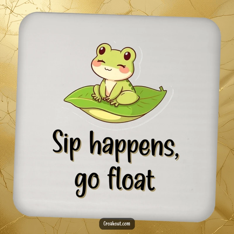 Funny kawaii frog winking on a leaf, designed on a drink coaster for a humorous and protective addition to any surface.
