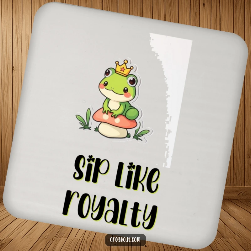 Funny frog coaster depicting a small amphibian wearing a tiny crown, sitting regally on a mushroom, a humorous and protective accessory.