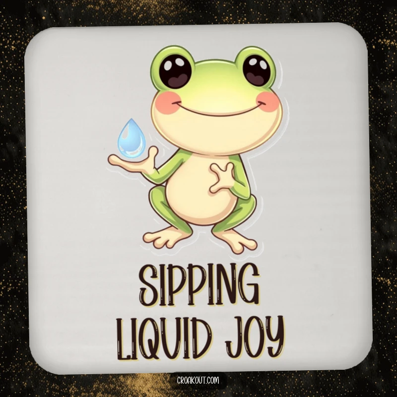 Funny Frog Coaster: A decorative coaster showing a frog gleefully holding a sparkling dewdrop, protecting surfaces with charm and humor.