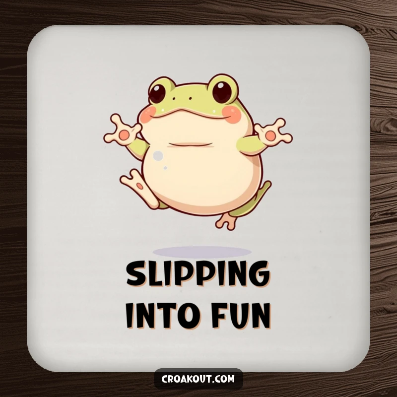 Funny clumsy frog coasters showing a plump amphibian mid-jump with comical awkwardness, a humorous funny gift.