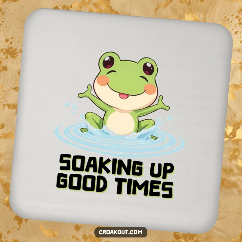 Funny Frog Coaster: A decorative coaster showcasing a frog splashing water, providing surface protection with a touch of playful humor.