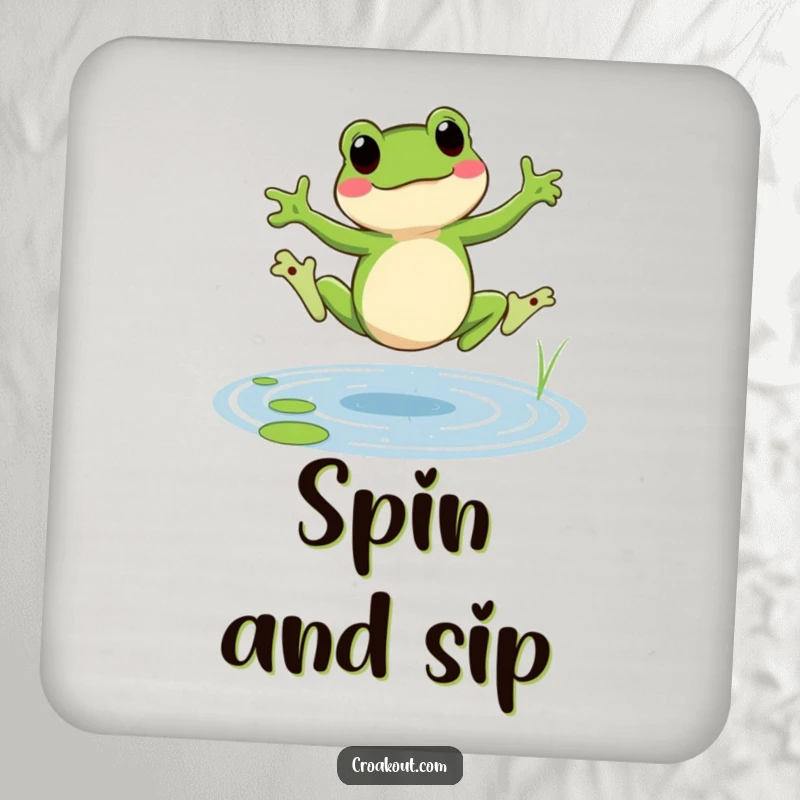 Funny frog coaster depicting a cheerful amphibian doing a cartwheel in a pond, a humorous and protective accessory.