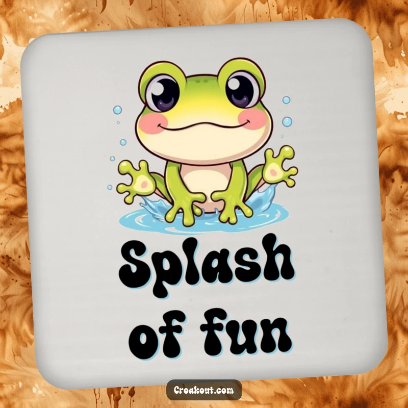 Funny coaster with a cheerful frog character, wide-eyed and in a splash, protecting surfaces with humor.