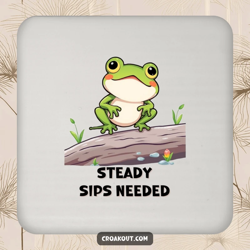 Funny drink coaster featuring a kawaii frog character comically struggling to balance on a log, protecting surfaces with a humorous design.