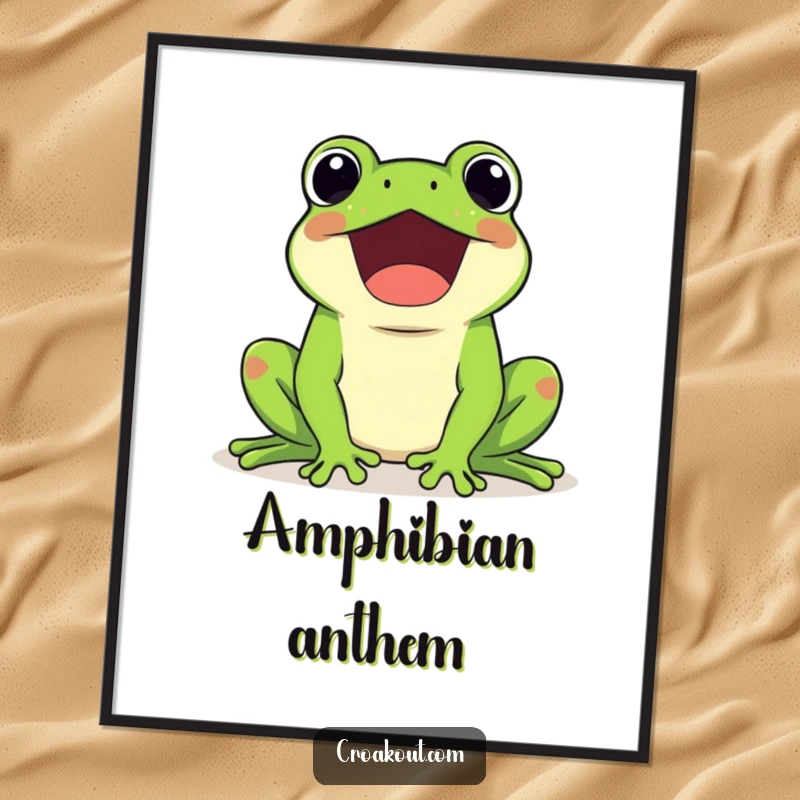 Funny poster illustrating a kawaii frog character happily croaking loudly, with musical notes, conveying pure joy and sound.