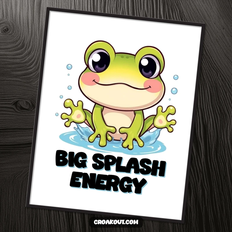 Funny poster of a cheerful frog character with wide eyes, caught mid-splash, creating a comical water spectacle.