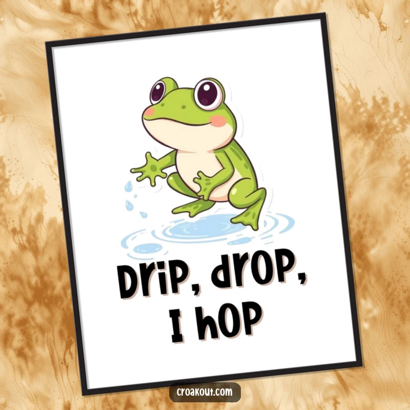 Funny Frog Poster: An action-packed print of a frog leaping over water droplets, symbolizing fun, energy, and a playful spirit.