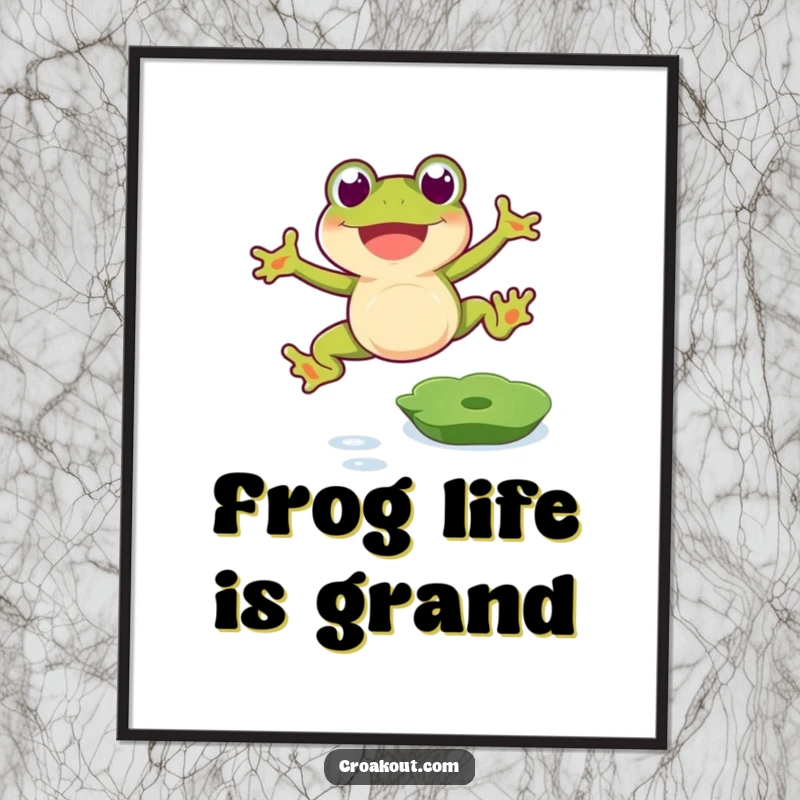 Funny frog poster illustrating a happy amphibian leaping with excitement over a lily pad, a great funny gift.