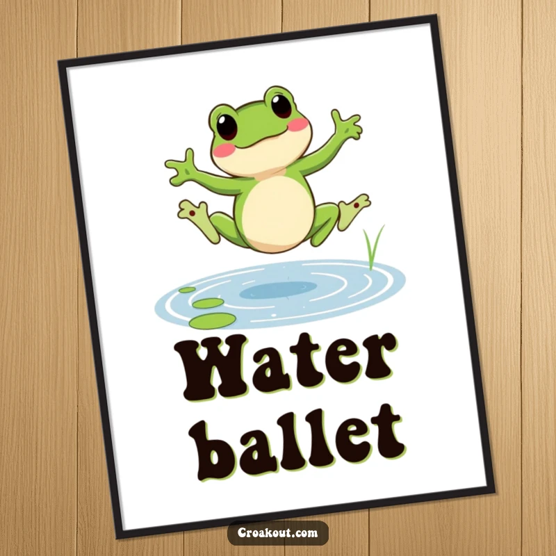 Funny frog poster depicting a cheerful amphibian doing a cartwheel in a pond, a humorous and dynamic piece of wall art.