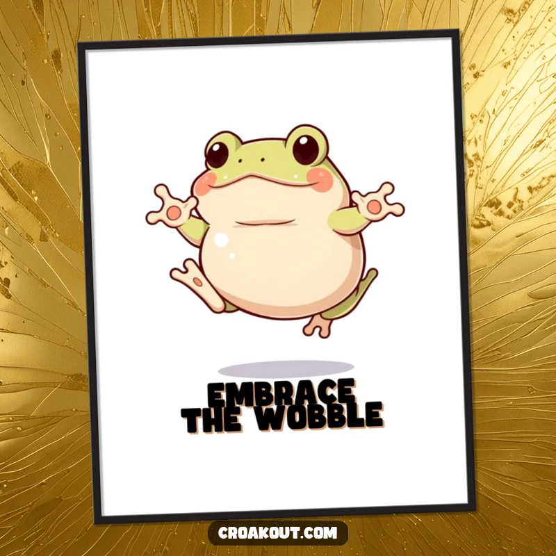 Funny clumsy frog poster of a plump amphibian mid-jump with hilarious awkwardness, a humorous funny gift.