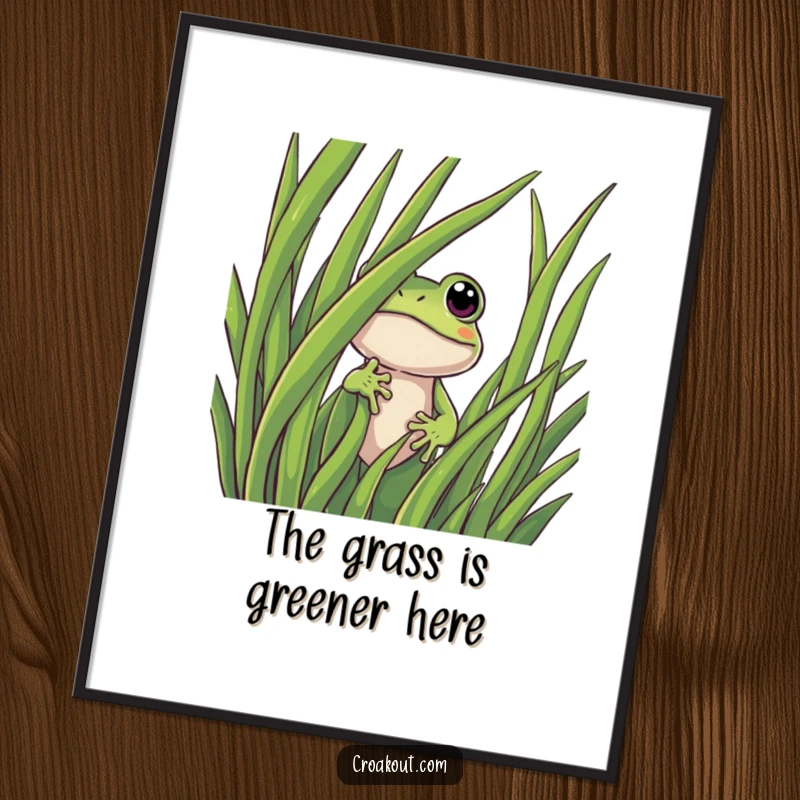Funny frog poster illustrating a curious character peeking from behind a blade of grass, adding a whimsical and humorous touch to wall decor.