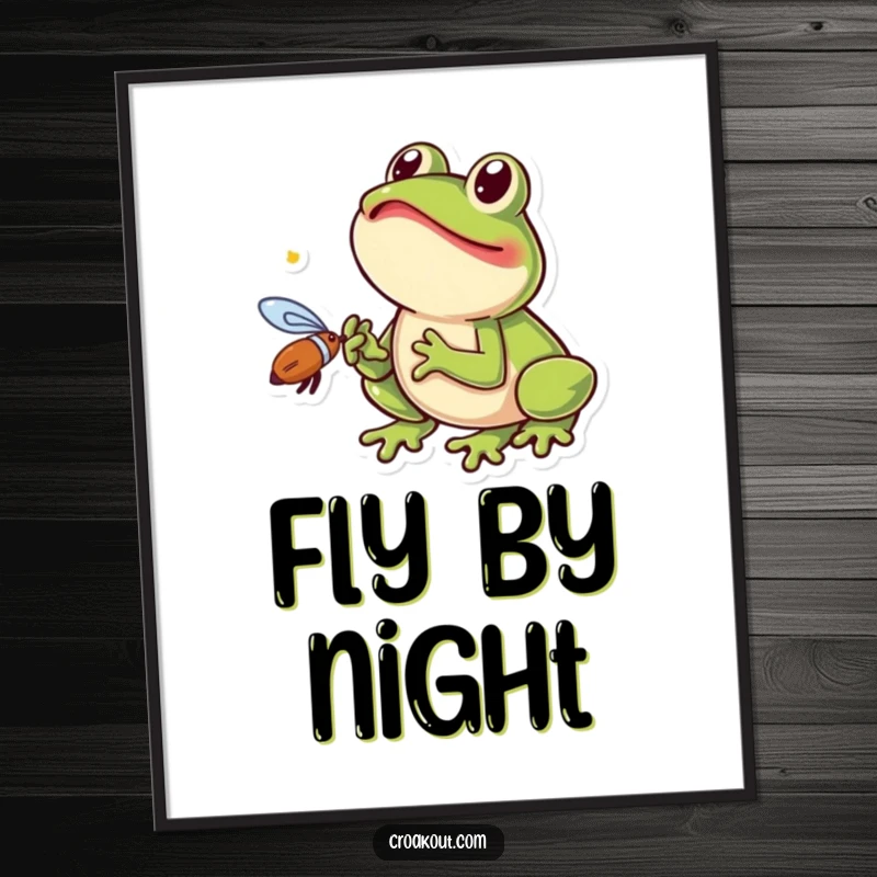 Funny frog poster depicting a small amphibian with its tongue out, excitedly catching a fly, a humorous and attention-grabbing piece.