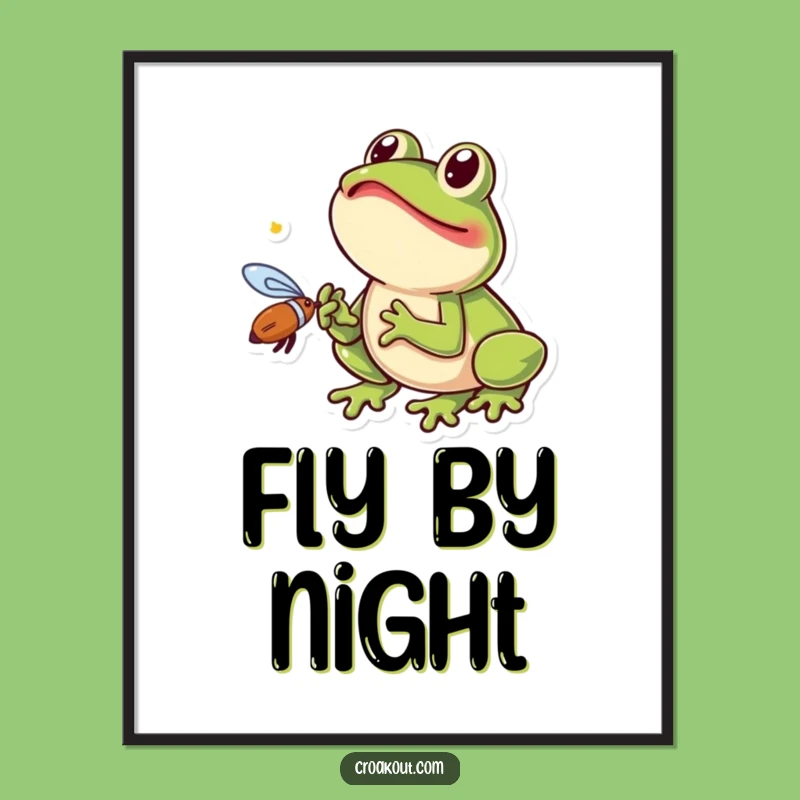 Funny Fly Catching Frog Poster: Excited Amphibian Art for Humorous Walls
