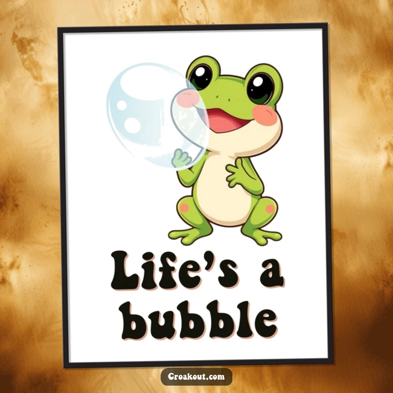 Funny poster of a cheerful frog character happily blowing a massive bubble, capturing a moment of pure, buoyant joy and whimsy.