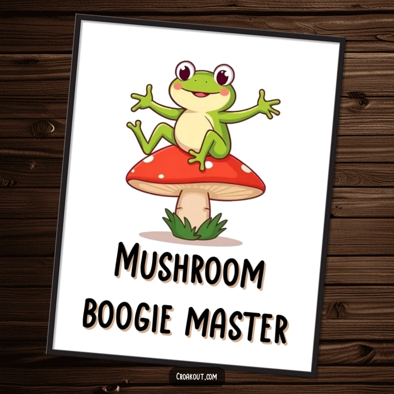 Funny poster of a frog character dancing wildly on a wobbly mushroom, perfect for adding whimsical, humorous wall decor.