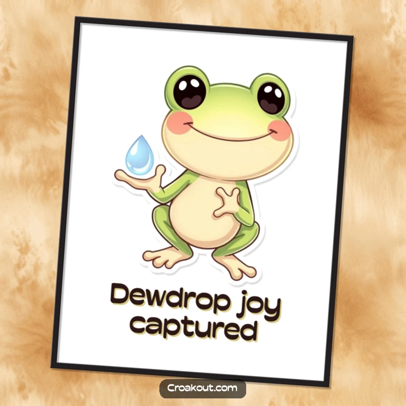 Funny Frog Poster: Wall art depicting a happy frog holding a large, glistening dewdrop, with an expression of pure delight and wonder.