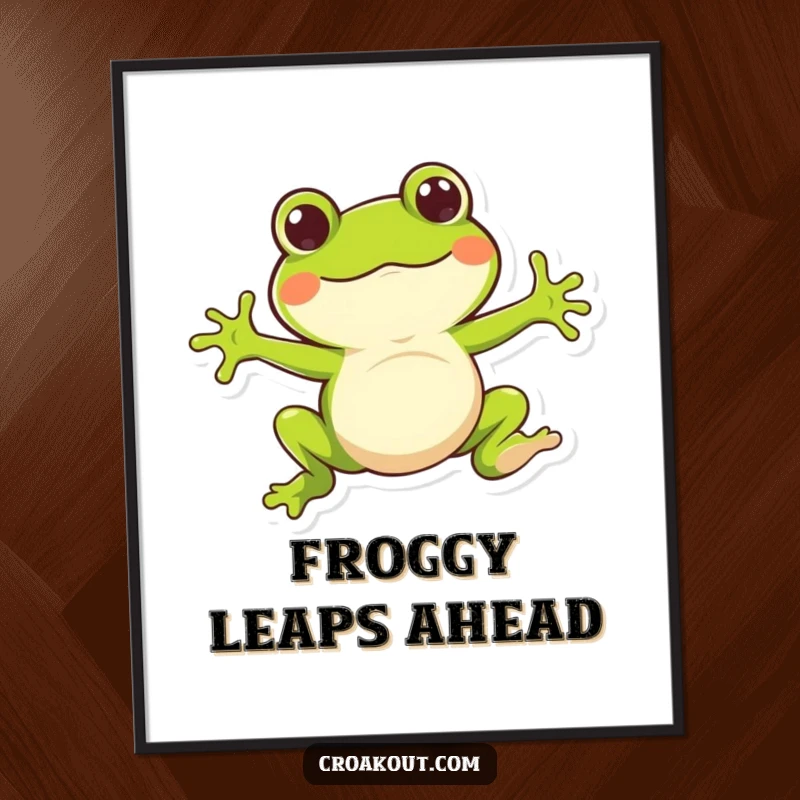Funny poster print of a whimsical frog character doing a bouncy jump, conveying a sense of fun, movement, and lightheartedness.