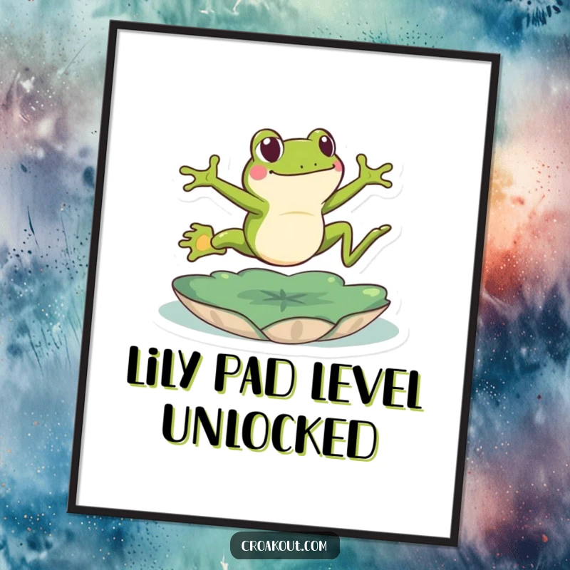 Funny frog leaping poster showing a green amphibian energetically jumping over a lily pad, a humorous and dynamic piece of wall art.
