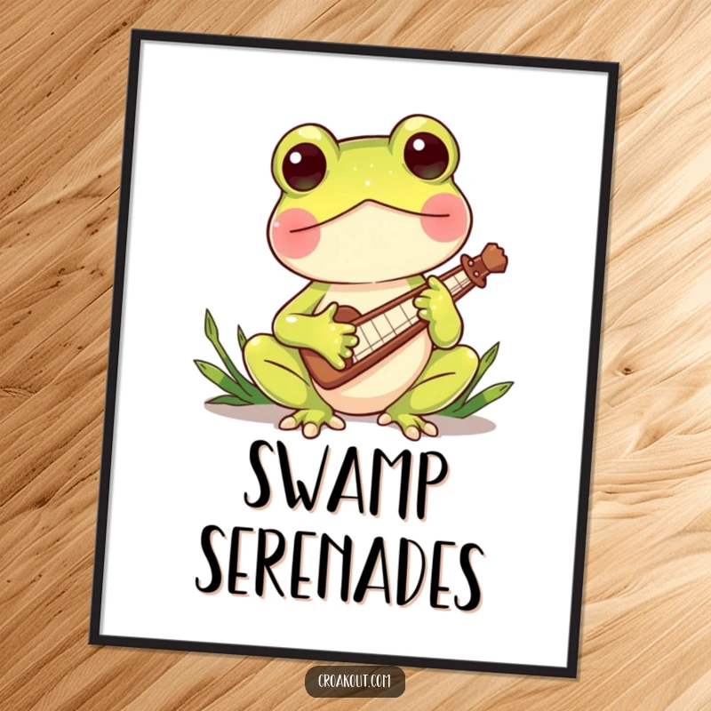 Funny poster print of a charming frog character playing a miniature reed instrument, conveying a sense of musical talent and whimsical delight.