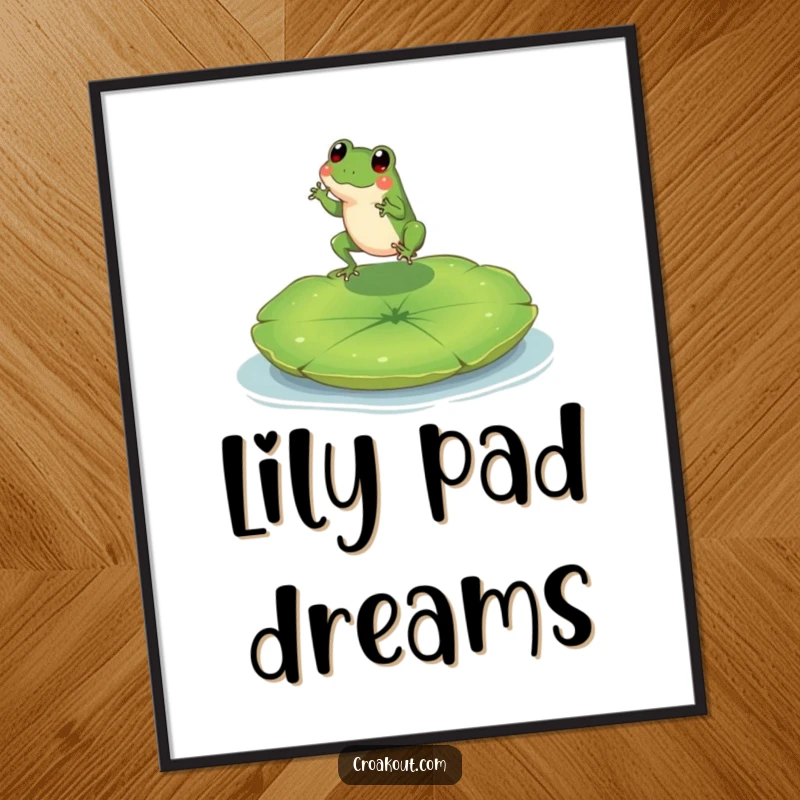 Funny poster of a tiny frog character joyfully leaping onto a large lily pad, capturing a moment of pure delight.