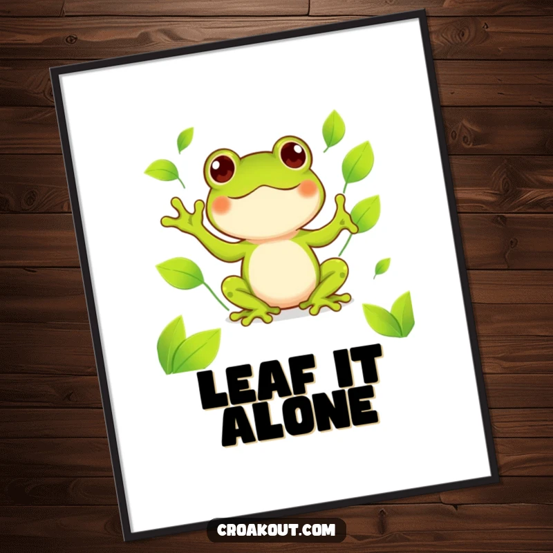 Funny kawaii frog poster depicting a cute amphibian happily juggling bright green leaves, a cheerful and humorous piece of wall art.