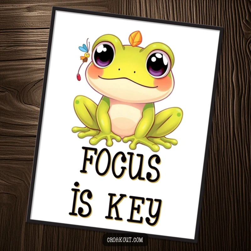 Funny kawaii frog poster with large eyes, humorously focused on catching a fly, adding a touch of whimsical charm to decor.