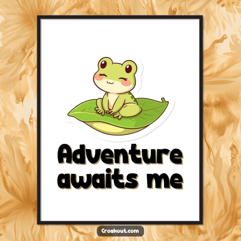 Funny and charming kawaii frog winking while riding a leaf, presented as a delightful and humorous piece of wall art.