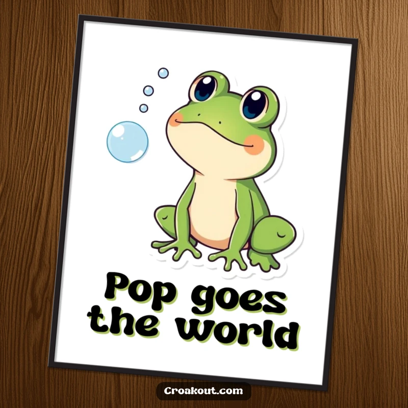 Funny poster of a frog character looking shocked at a popping bubble, perfect for adding humorous, surprised wall decor.
