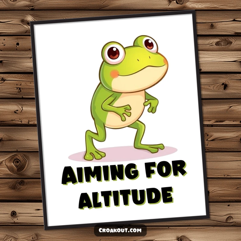 Funny frog poster illustrating a little character with long legs mid-silly hop, capturing a moment of humorous, endearing clumsiness.