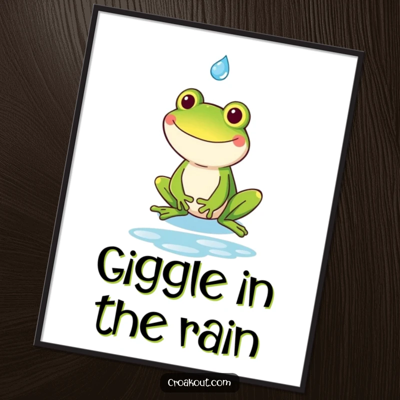 Funny kawaii frog with a huge goofy grin catching a raindrop, displayed as humorous wall art.