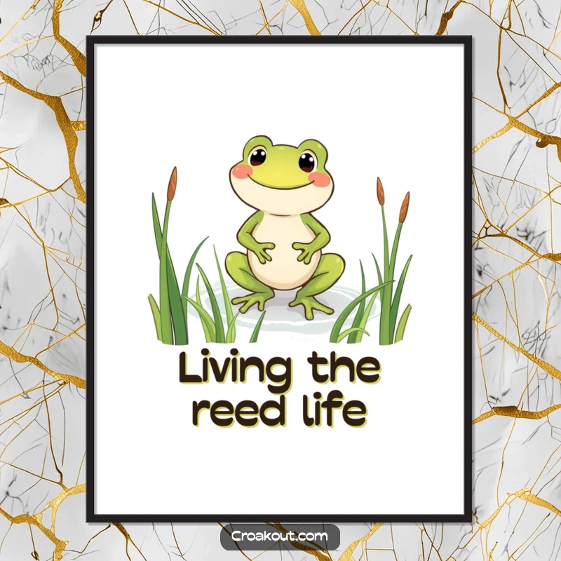 Funny frog poster illustrating a beaming character wading through reeds, bringing a sense of playful joy and humorous serenity to wall decor.