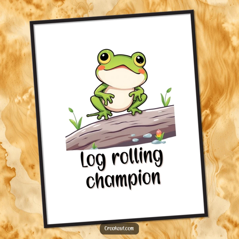 Funny poster illustrating a kawaii frog character comically struggling to balance on a log, conveying precariousness and humor.
