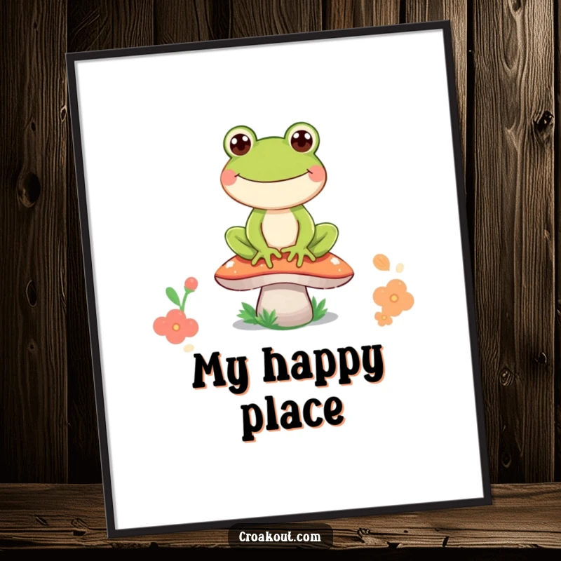 Funny frog poster displaying a joyful frog character resting on a mushroom, its wide grin capturing a moment of pure, delightful silliness.