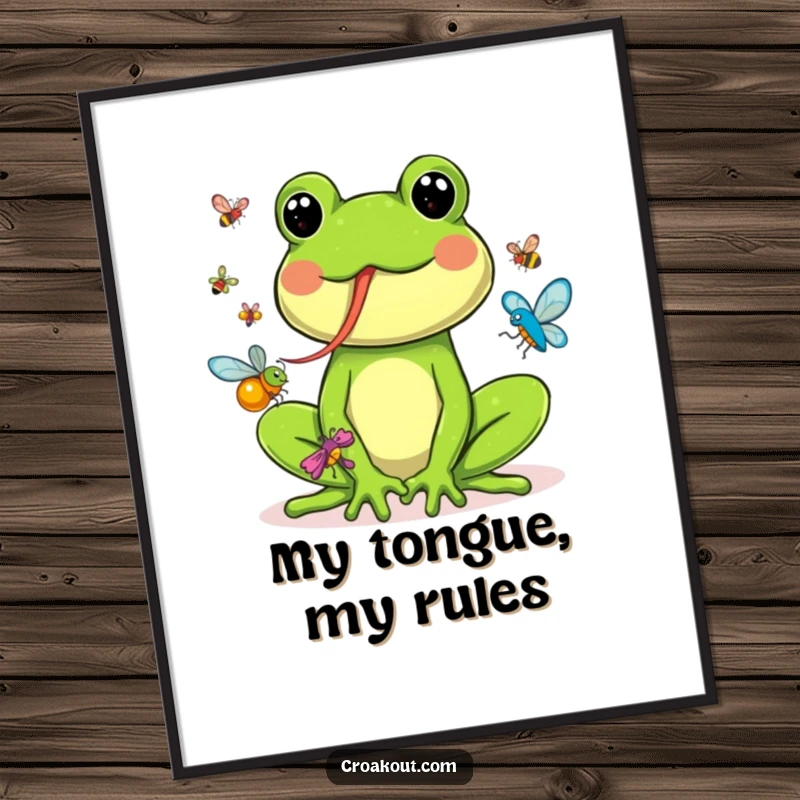 Funny poster showing a gleeful frog with its long tongue out, successfully catching numerous colorful bugs in a whimsical illustration.