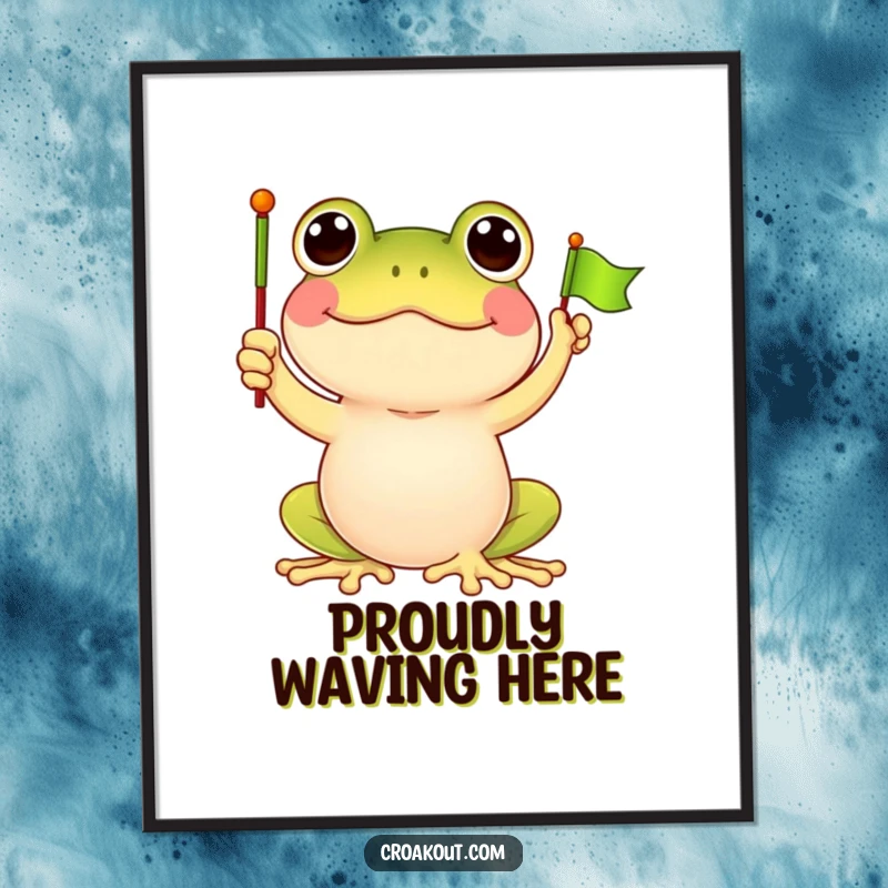 Funny frog poster showcasing a happy frog character waving a small green flag, perfect for adding a touch of celebratory cartoon art.