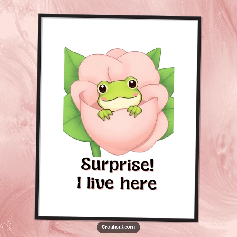 Funny Frog Poster: A delightful wall art print of a curious frog peeking from behind a large, colorful flower with a cheerful demeanor.