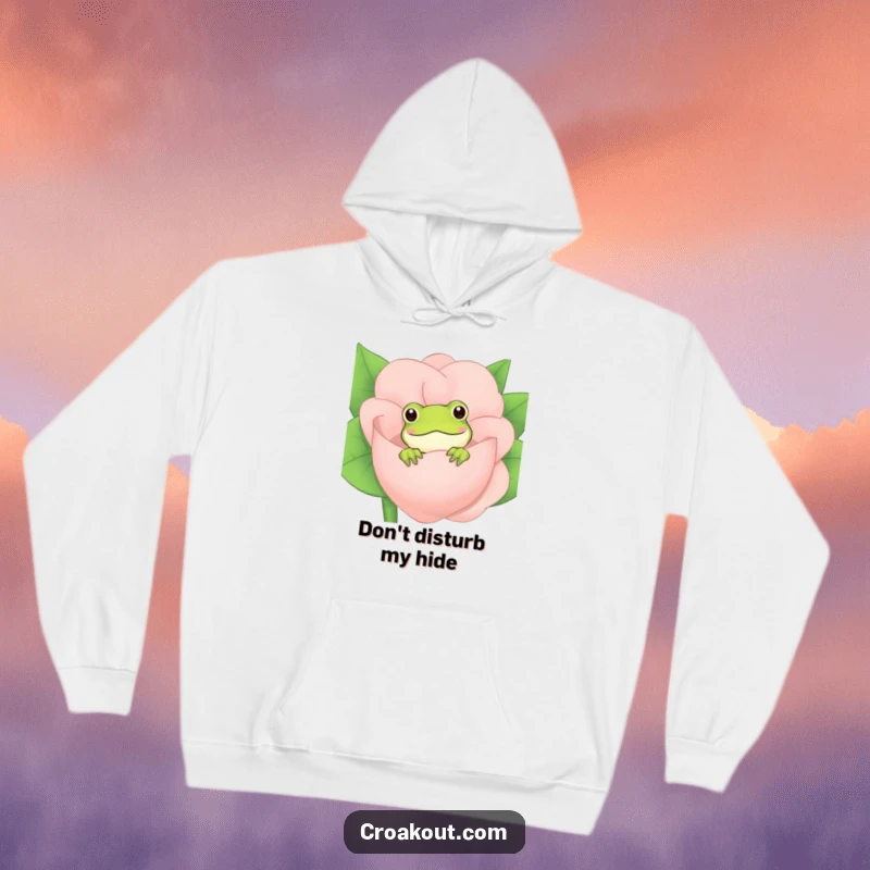 Funny Frog Hoodie: A warm and cozy hoodie featuring an adorable frog peeking from behind a large, vibrant flower blossom, perfect for chilly days.