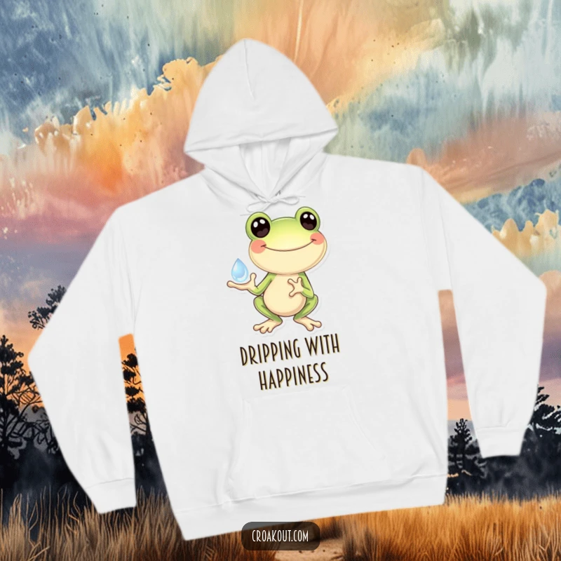 Funny Frog Hoodie: A warm hoodie designed with a frog holding a large, sparkling dewdrop, conveying a sense of wonder and happiness.