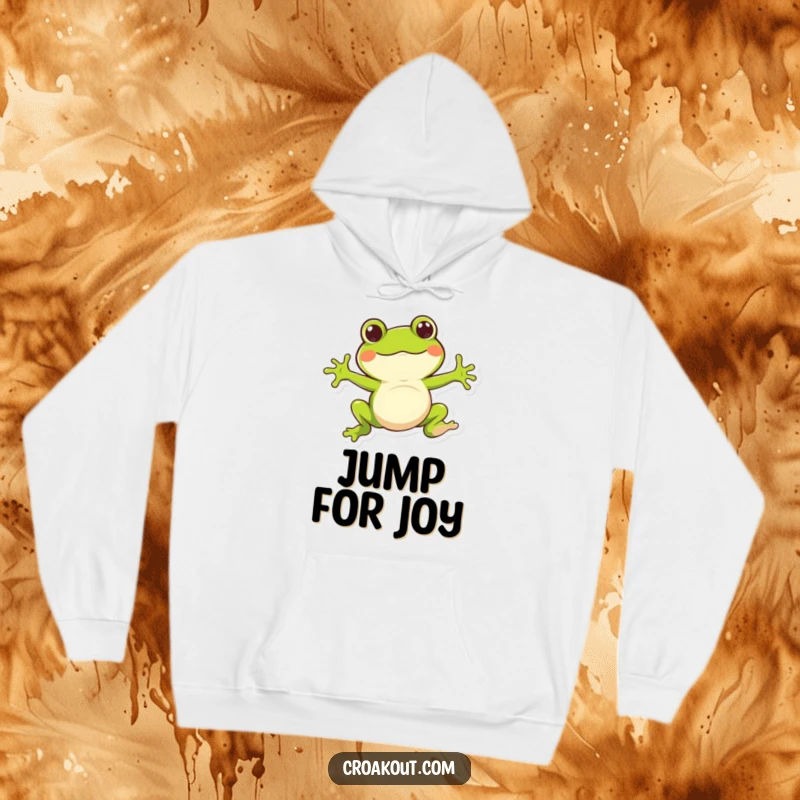 Funny hoodie depicting a whimsical frog character in a bouncy jump, perfect for those who love fun, energy, and whimsical designs.
