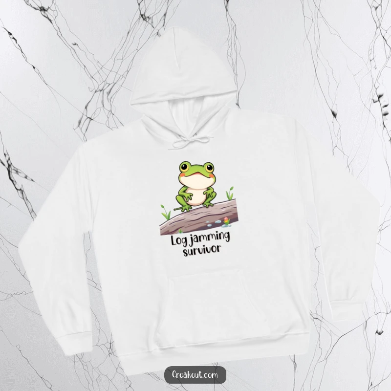 Funny hoodie showing a kawaii frog character struggling to balance on a log, cozy and warm, for adventurers who appreciate humor.