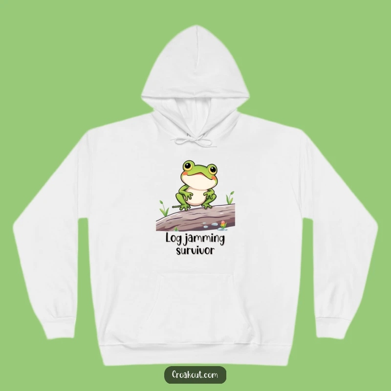 Funny Kawaii Frog Log Balance Hoodie - Cozy Struggle & Adventure Wear