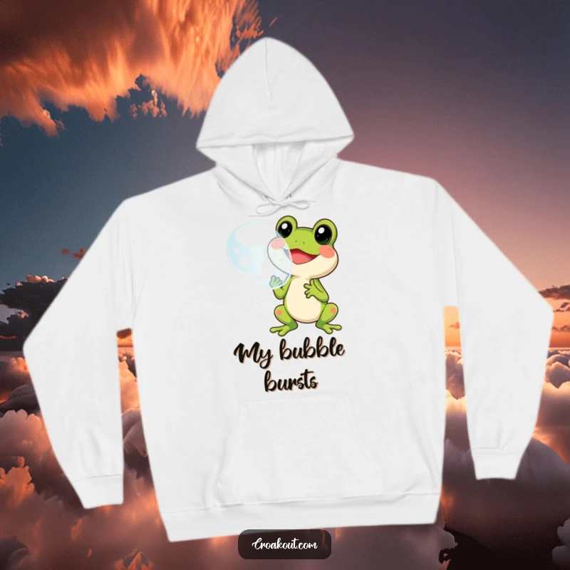 Funny hoodie featuring a cheerful frog character gleefully blowing a giant bubble, perfect for cozying up with a touch of whimsy.